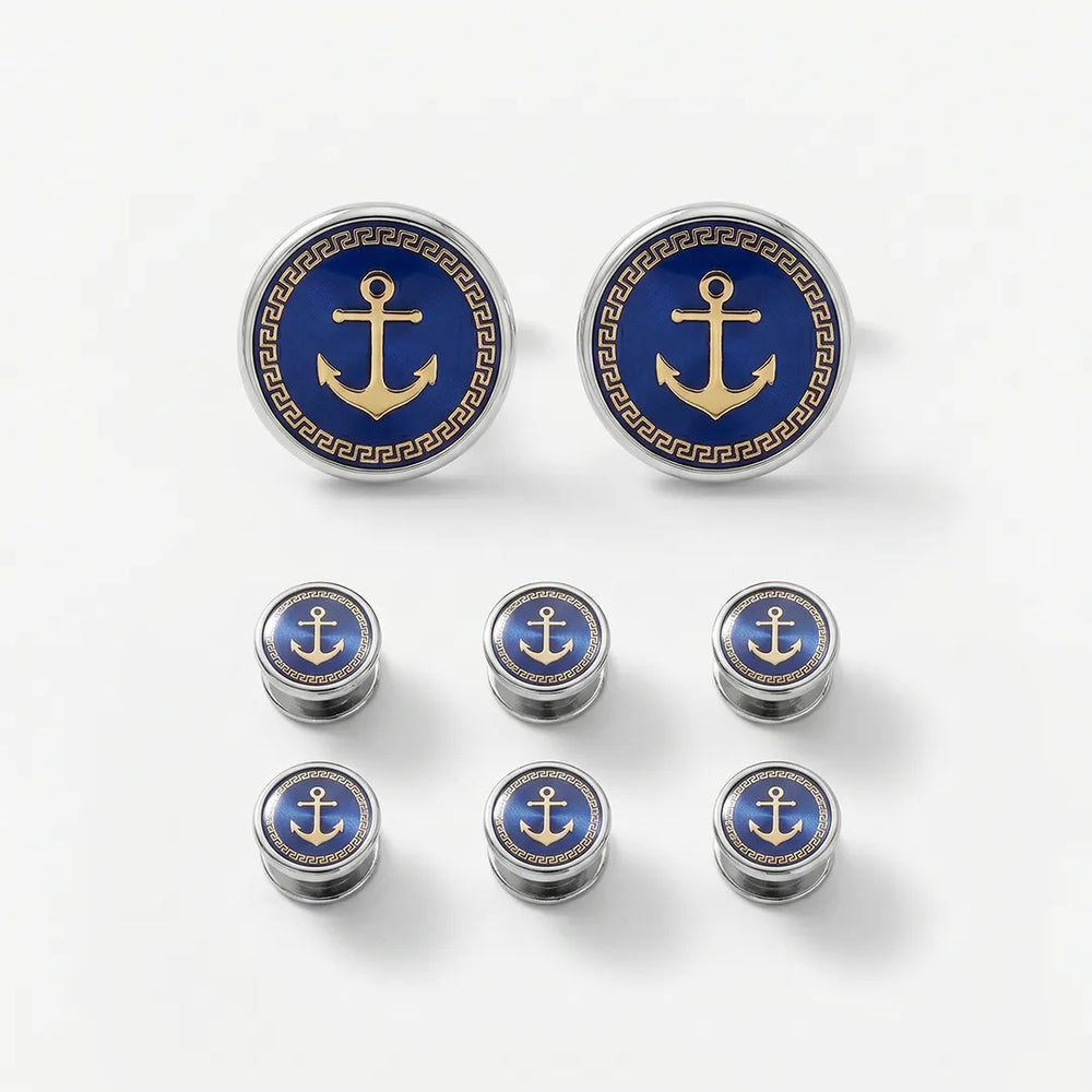 Navy Blue & Gold Anchor Shirt Stud & Cufflink Set | Wedding & Formal
