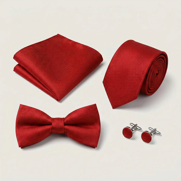 Flat lay of a Sailor Australia red twill 4-piece tie set including a tie, pocket square, bow tie, and cufflinks.