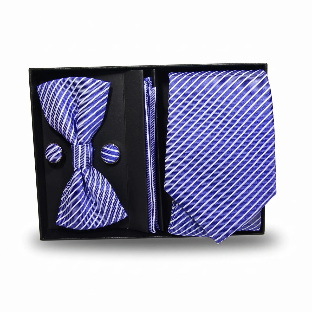 A men's necktie and bowtie gift set in a black presentation box, featuring a blue and white striped tie, matching striped bowtie, striped pocket square, and matching striped cufflinks.