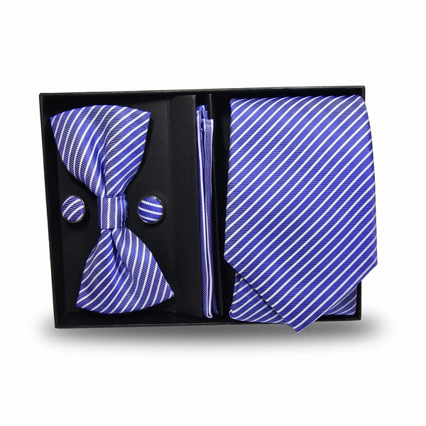 Blue & White Stripe Tie Set | Wedding & Formal Accessory Set