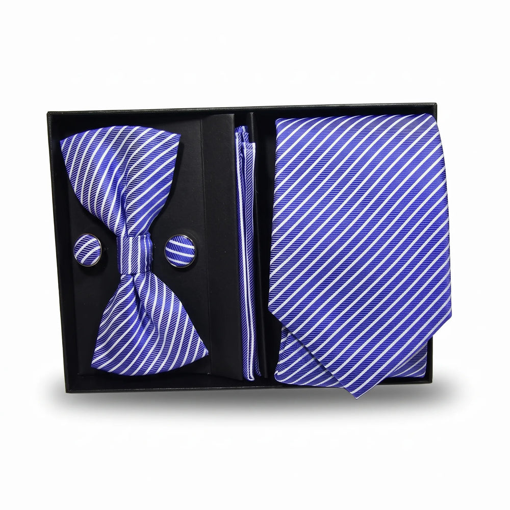 Blue & White Stripe Tie Set | Wedding & Formal Accessory Set