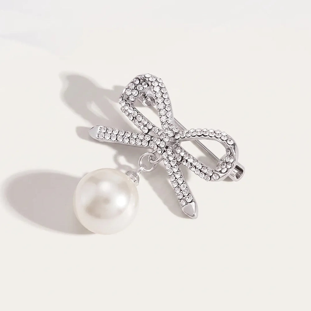 Silver Crystal Bow & Pearl Collar Pin | Wedding & Formal