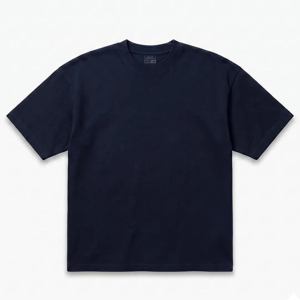 Front flat lay of a classic dark navy blue short-sleeve drop shoulder T-shirt with a crew neck on a white background.