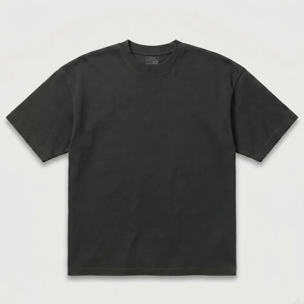 Front flat lay of a classic dark teal short-sleeve drop shoulder T-shirt with a crew neck on a white background.