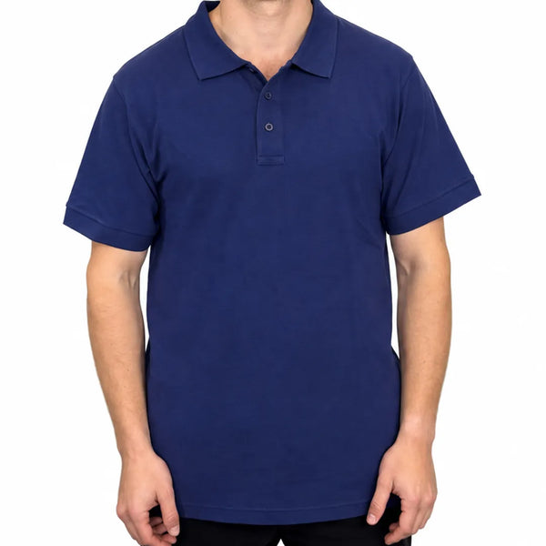 Front view of a man wearing a deep blue short-sleeve polo shirt with a three-button placket.