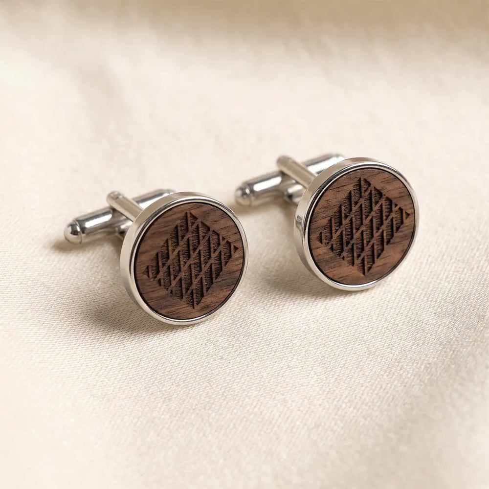 Silver & Walnut Wood Geometric Lattice Round Cufflinks | Sailor Australia