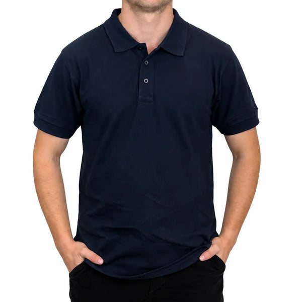 Front view of a man wearing a dark sapphire short-sleeve polo shirt with a three-button placket.