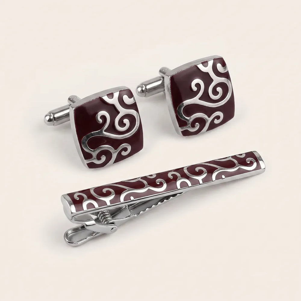 Silver & Burgundy Scroll Cufflink & Tie Clip Set | Wedding & Formal