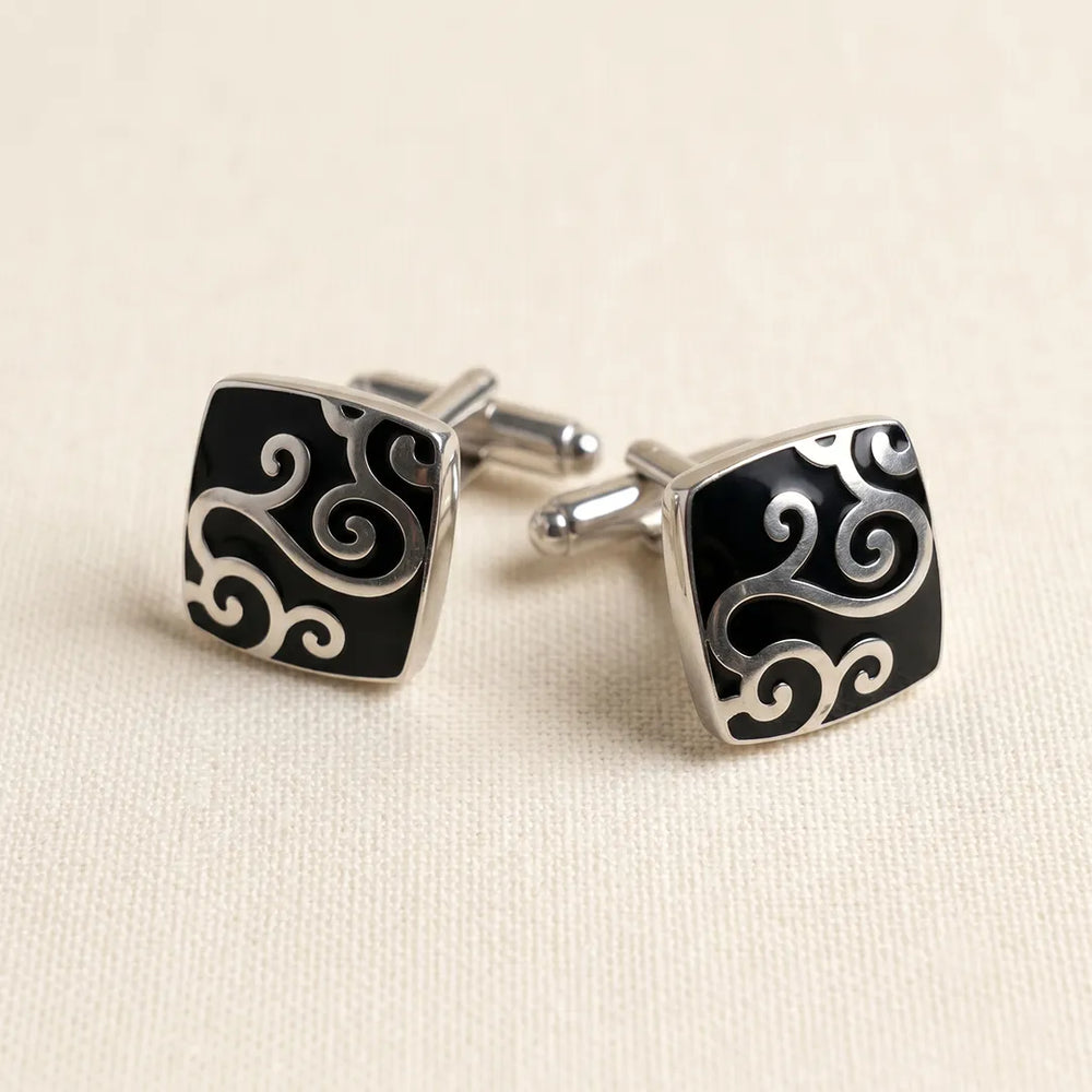 Silver Black Enamel Arabesque Filigree Cushion Cufflinks | Sailor Australia