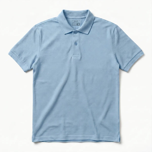 Front flat lay of a classic powder blue short-sleeve polo shirt with a two-button placket and ribbed collar on a white background.