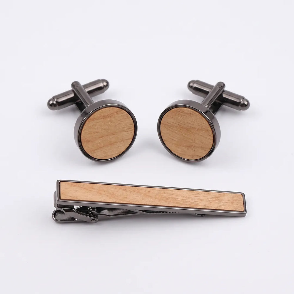 Gunmetal & Light Wood Cufflink & Tie Clip Set | Wedding & Formal