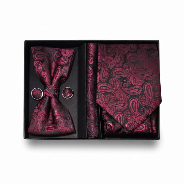 Black & Magenta Paisley Tie Set | Wedding & Formal Accessory Set