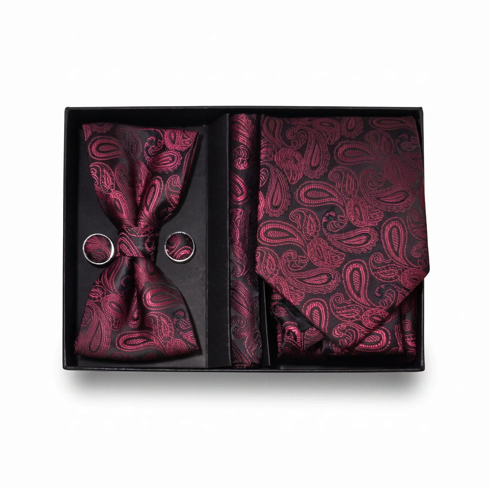 Black & Magenta Paisley Tie Set | Wedding & Formal Accessory Set