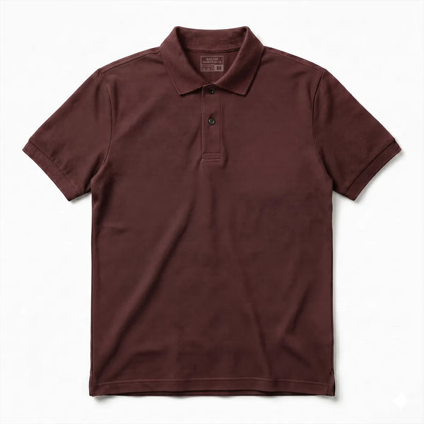 Front flat lay of a classic syrah/maroon short-sleeve polo shirt with a two-button placket and ribbed collar on a white background.