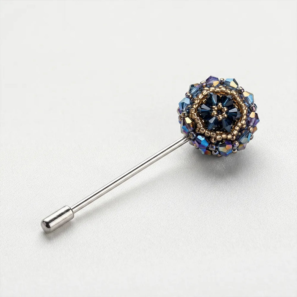 Navy & Gold Beaded Medallion Lapel Pin | Formal & Wedding Accessory