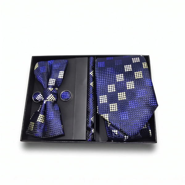 Navy & Gold Geo-Check Tie Set | Wedding & Formal Accessory Set