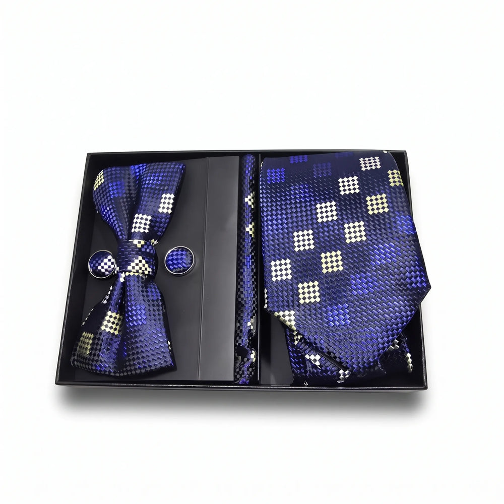 Navy & Gold Geo-Check Tie Set | Wedding & Formal Accessory Set