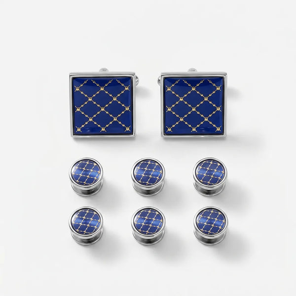 Flat lay of a Sailor Australia 8-piece set featuring 2 square silver-tone cufflinks and 6 round shirt studs with royal blue enamel and a gold geometric pattern.