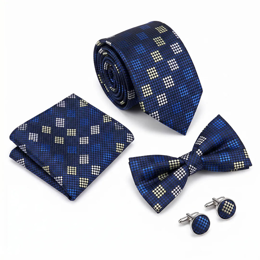 Navy & Gold Geo-Check Tie Set | Wedding & Formal Accessory Set