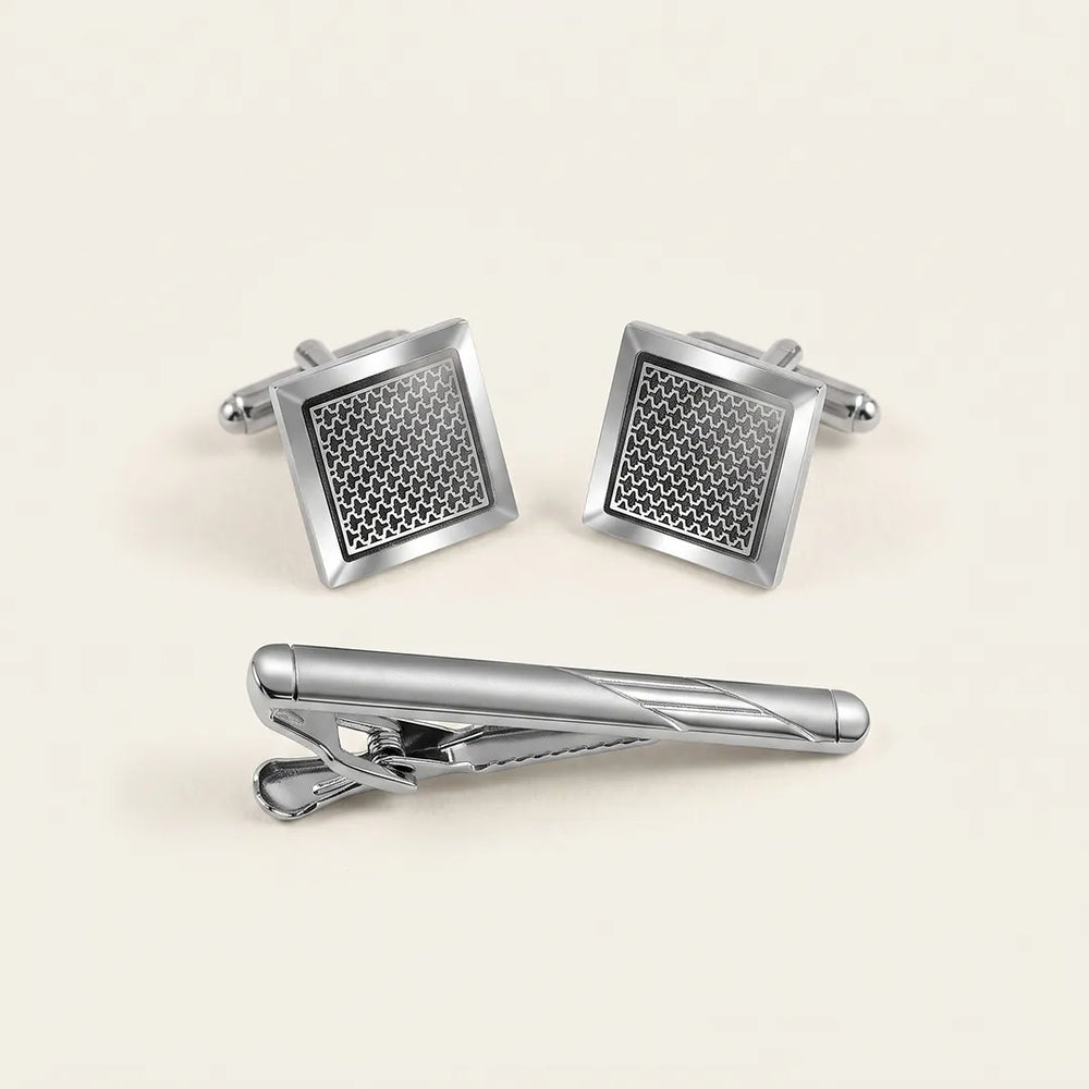 Silver Textured Cufflink & Tie Clip Set | Wedding & Formal Accessory