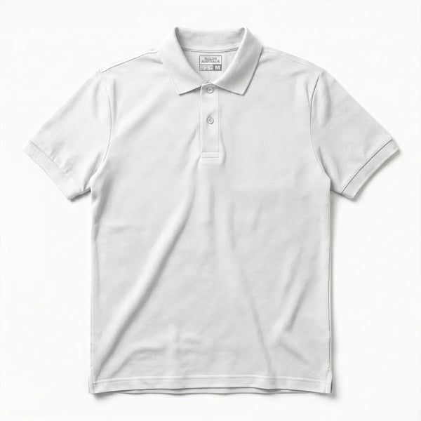 Front flat lay of a classic white short-sleeve polo shirt with a two-button placket and ribbed collar on a white background.
