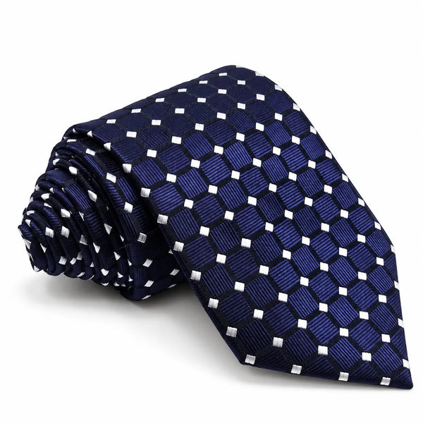 A rolled navy blue necktie with a textured geometric pattern of small white and light blue squares, displayed on a clean white background.