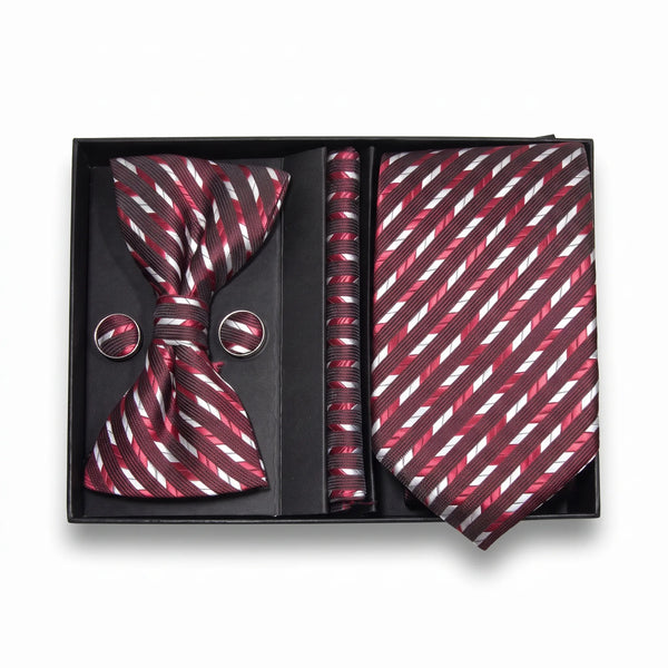 Burgundy & White Stripe Tie Set | Wedding & Formal Accessory Set
