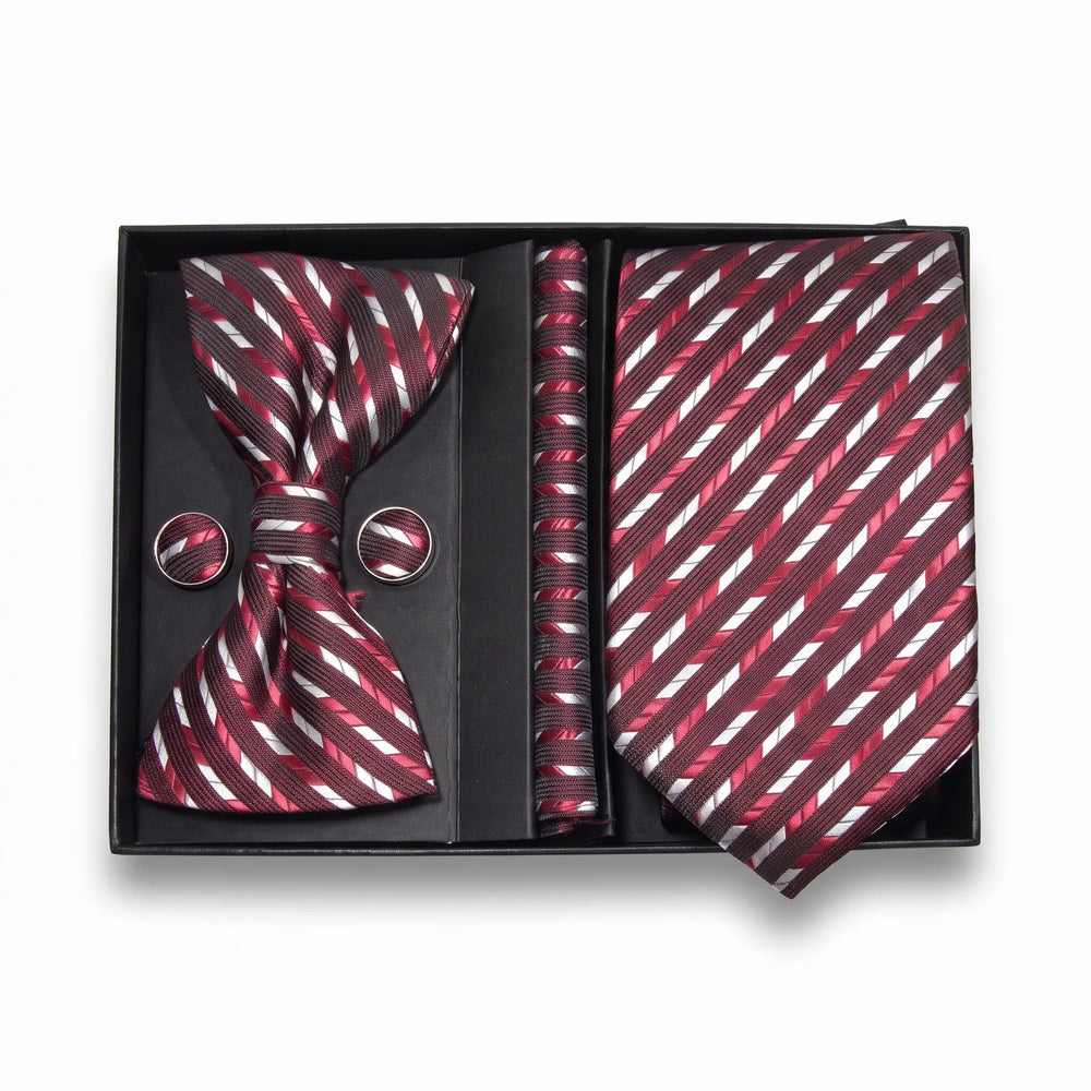 Burgundy & White Stripe Tie Set | Wedding & Formal Accessory Set