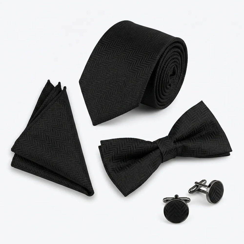 Black Herringbone Tie Set | Wedding & Formal Accessory Set