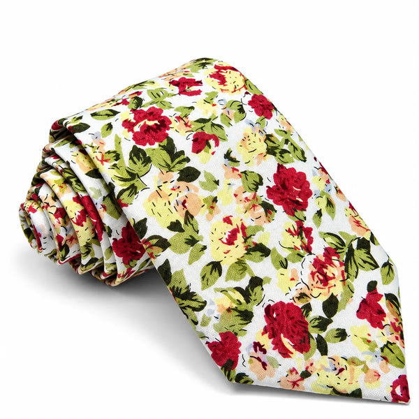 Rolled off-white cotton necktie featuring a vintage botanical floral print with crimson roses and yellow blossoms on a white background
