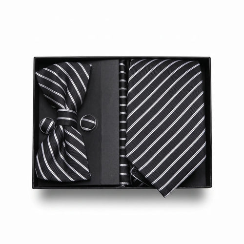 Black & White Stripe Tie Set | Wedding & Formal Accessory Set