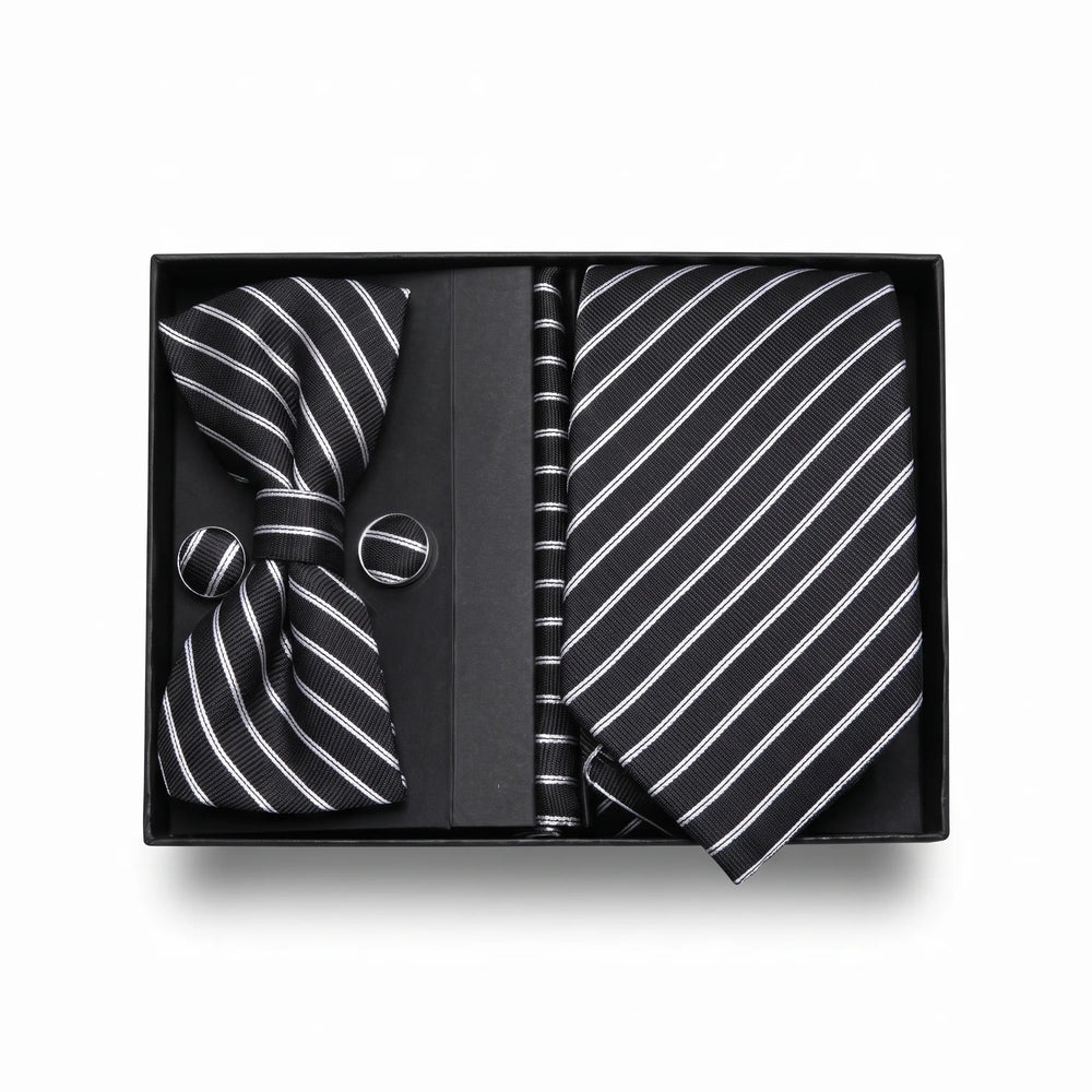Black & White Stripe Tie Set | Wedding & Formal Accessory Set