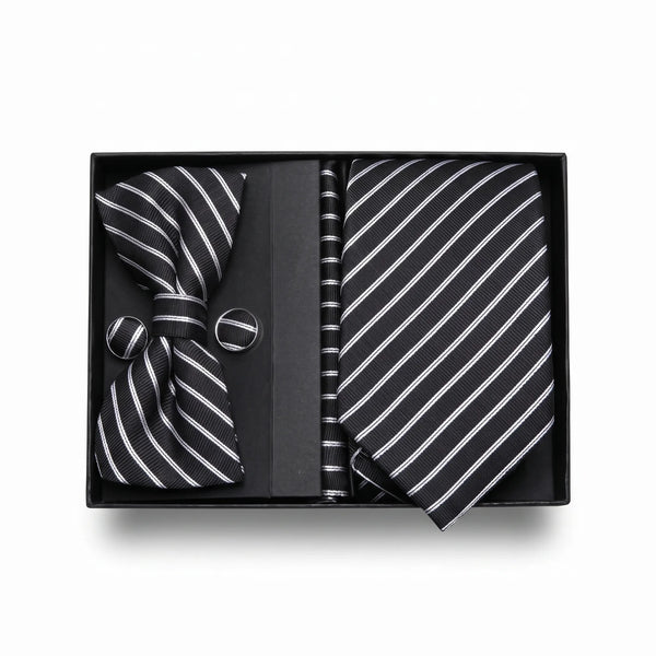 Black & White Stripe Tie Set | Wedding & Formal Accessory Set