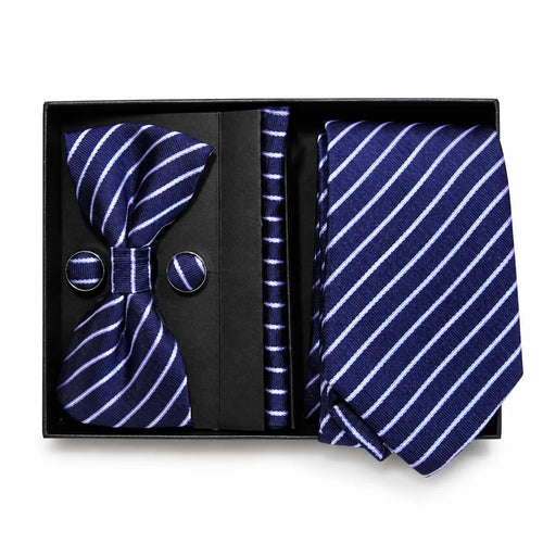 Navy & White Stripe Tie Set | Wedding & Formal Accessory Set