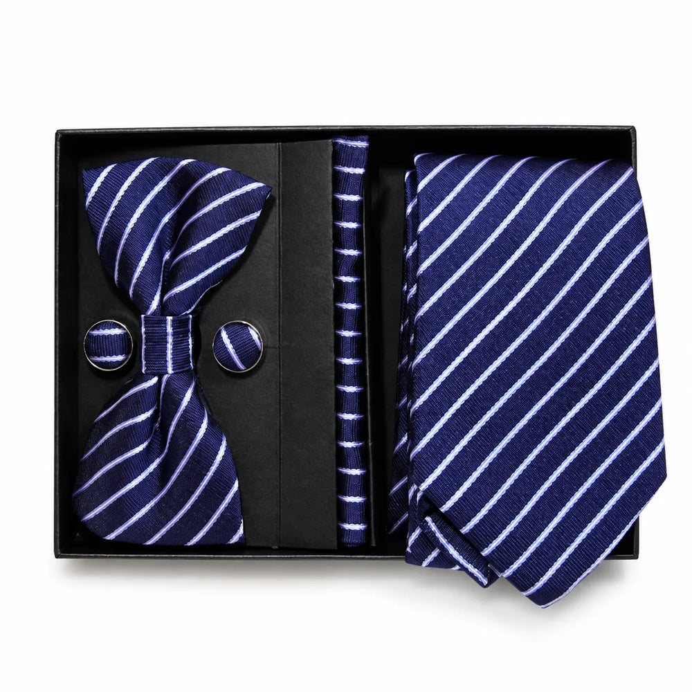 Navy & White Stripe Tie Set | Wedding & Formal Accessory Set