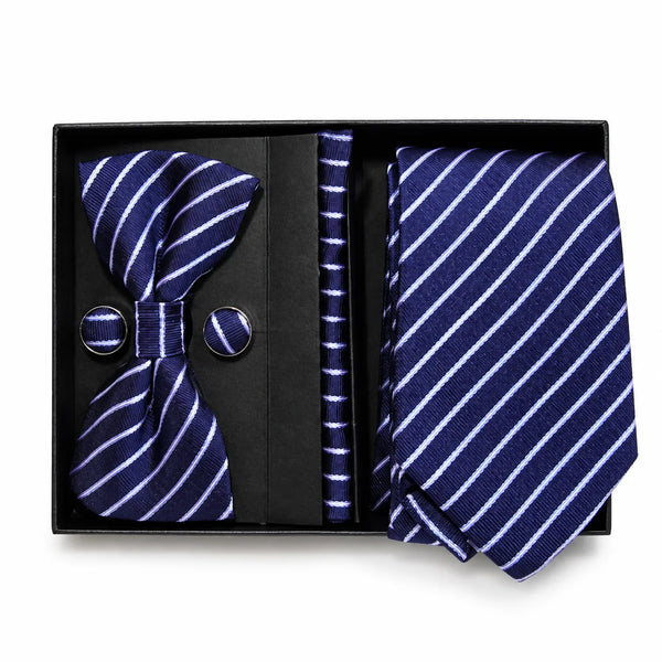 Navy & White Stripe Tie Set | Wedding & Formal Accessory Set