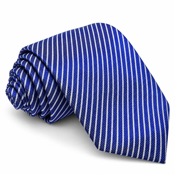 Rolled royal blue necktie featuring crisp white diagonal pinstripes on a white background