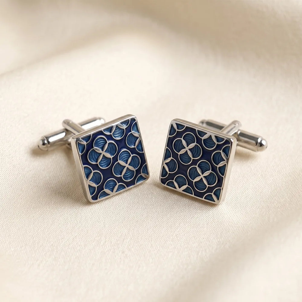 Silver & Blue Guilloché Clover Lattice Square Cufflinks | Sailor Australia