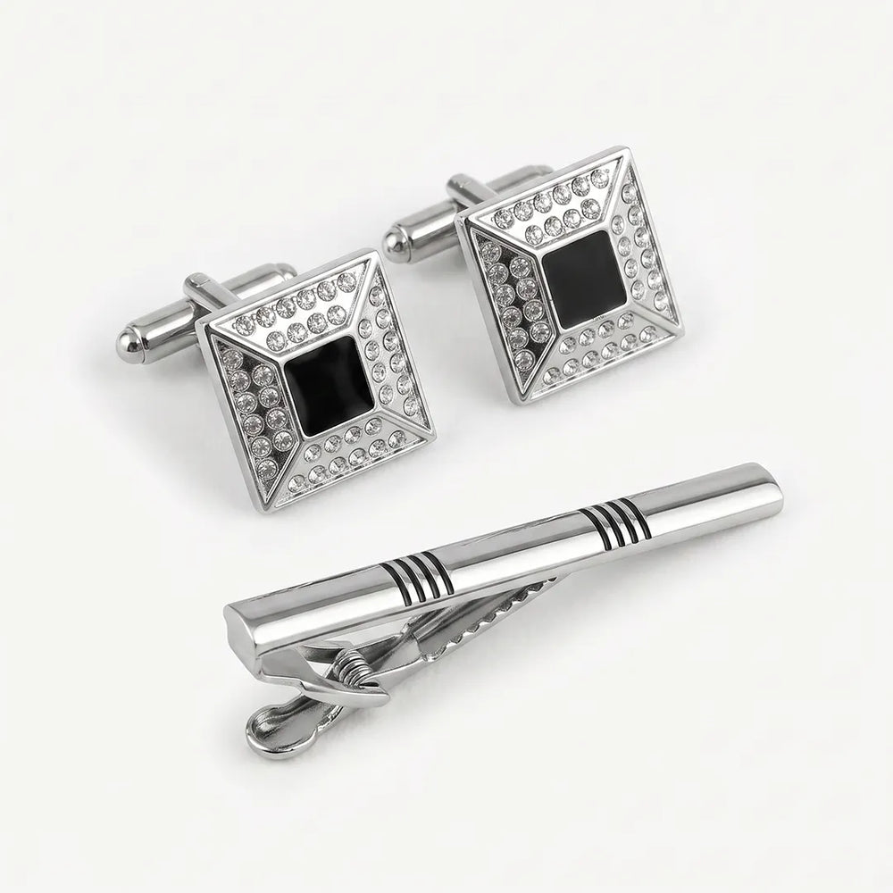 Silver & Black Crystal Cufflink & Tie Clip Set | Wedding & Formal