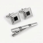 Silver & Black Crystal Cufflink & Tie Clip Set | Wedding & Formal