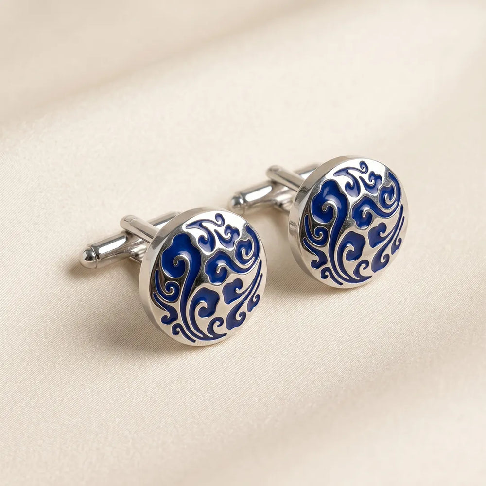 Silver Royal Blue Enamel Arabesque Swirl Round Cufflinks | Sailor Australia