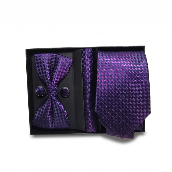 A men's formal accessory set in a black gift box, featuring a textured purple bow tie, matching necktie, and round cufflinks.