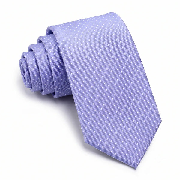 Neatly rolled Sailor Australia lavender necktie featuring a white polka dot pattern on a premium polyester fabric.