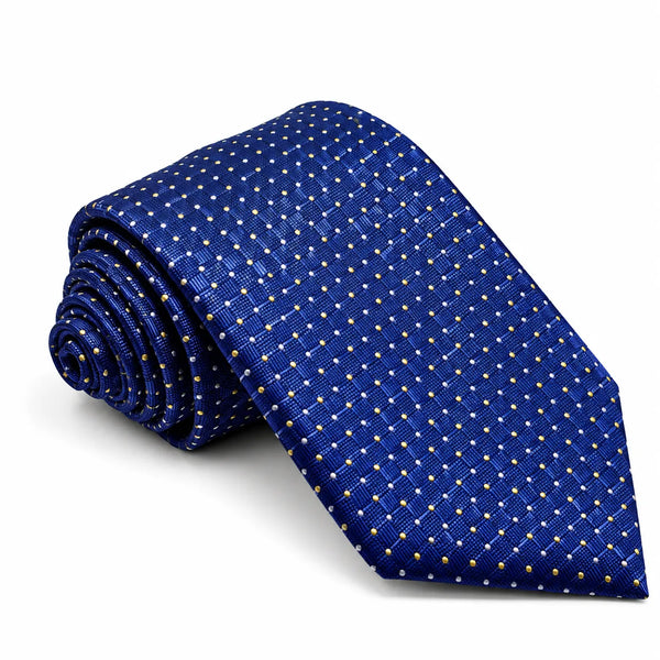 Rolled royal blue necktie featuring textured woven check and yellow and white pin dots on a white background