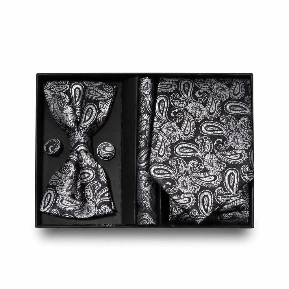 Black & Silver Paisley Tie Set | Wedding & Formal Accessory Set