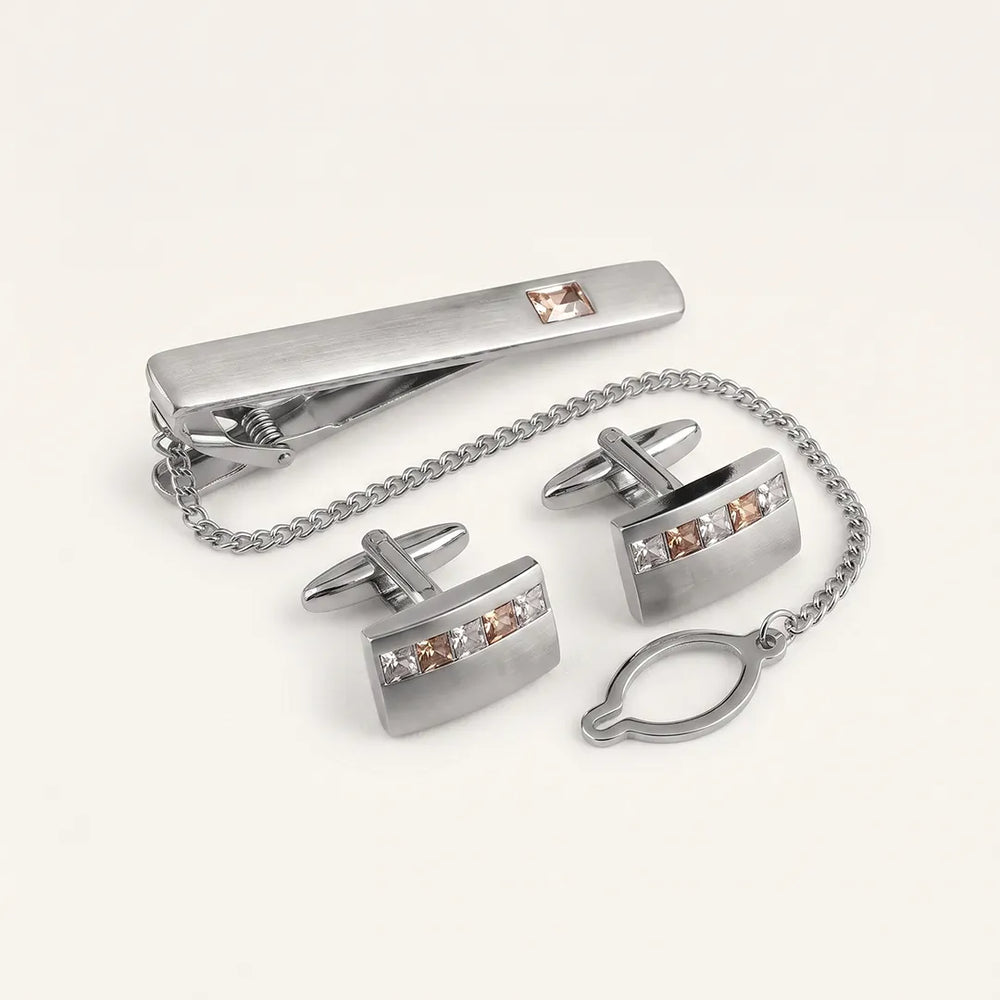 Silver & Champagne Crystal Cufflink & Tie Clip Set | Wedding & Formal