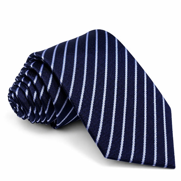 A rolled navy blue necktie with thin white vertical pinstripes, displayed on a clean white background.