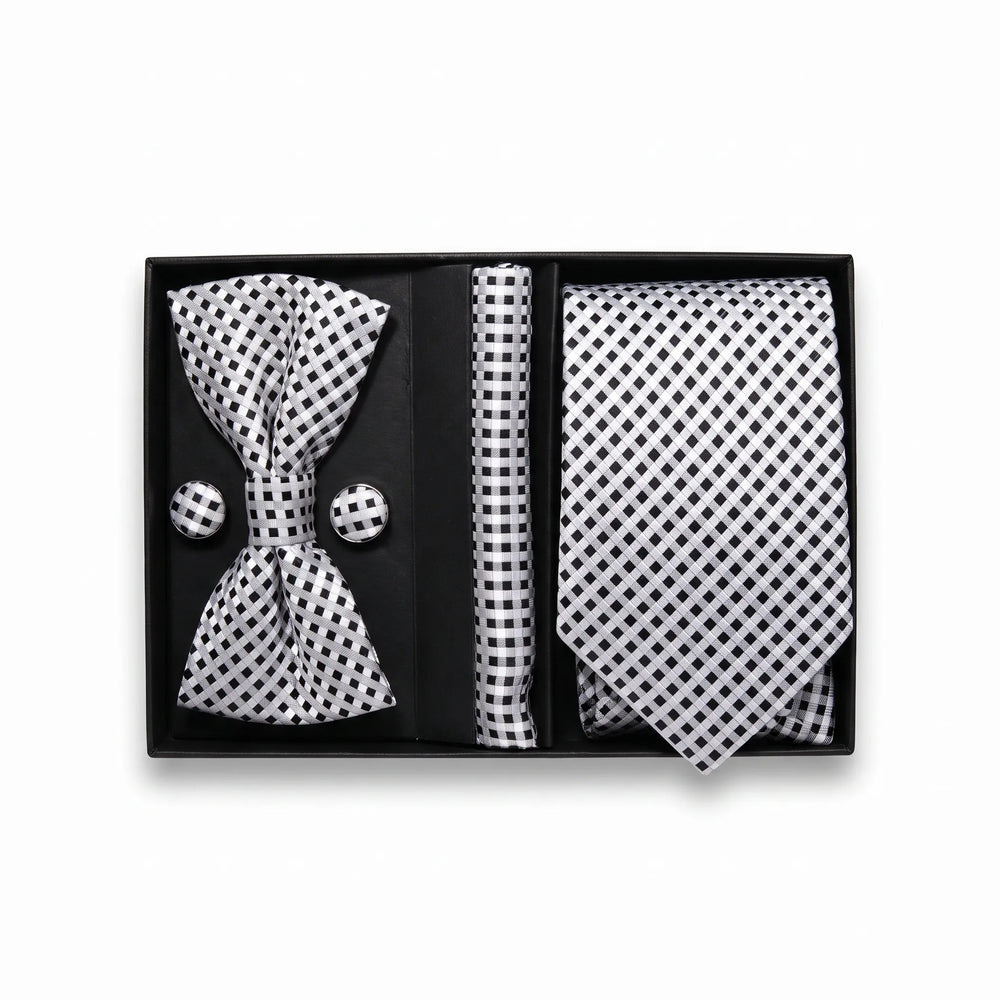 White & Black Micro-Check Tie Set | Wedding & Formal Accessory Set