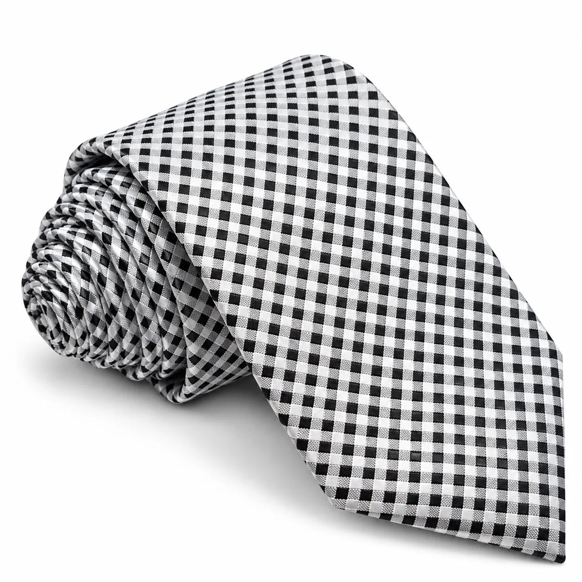 A rolled necktie with a black and white gingham checkered pattern, displayed on a clean white background.