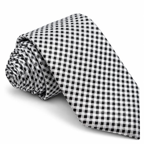 A rolled necktie with a black and white gingham checkered pattern, displayed on a clean white background.